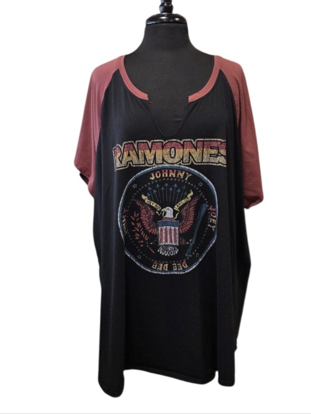 Ramones 5X Women’s Black & Burgundy Raglan Short Sleeve Band Tee
